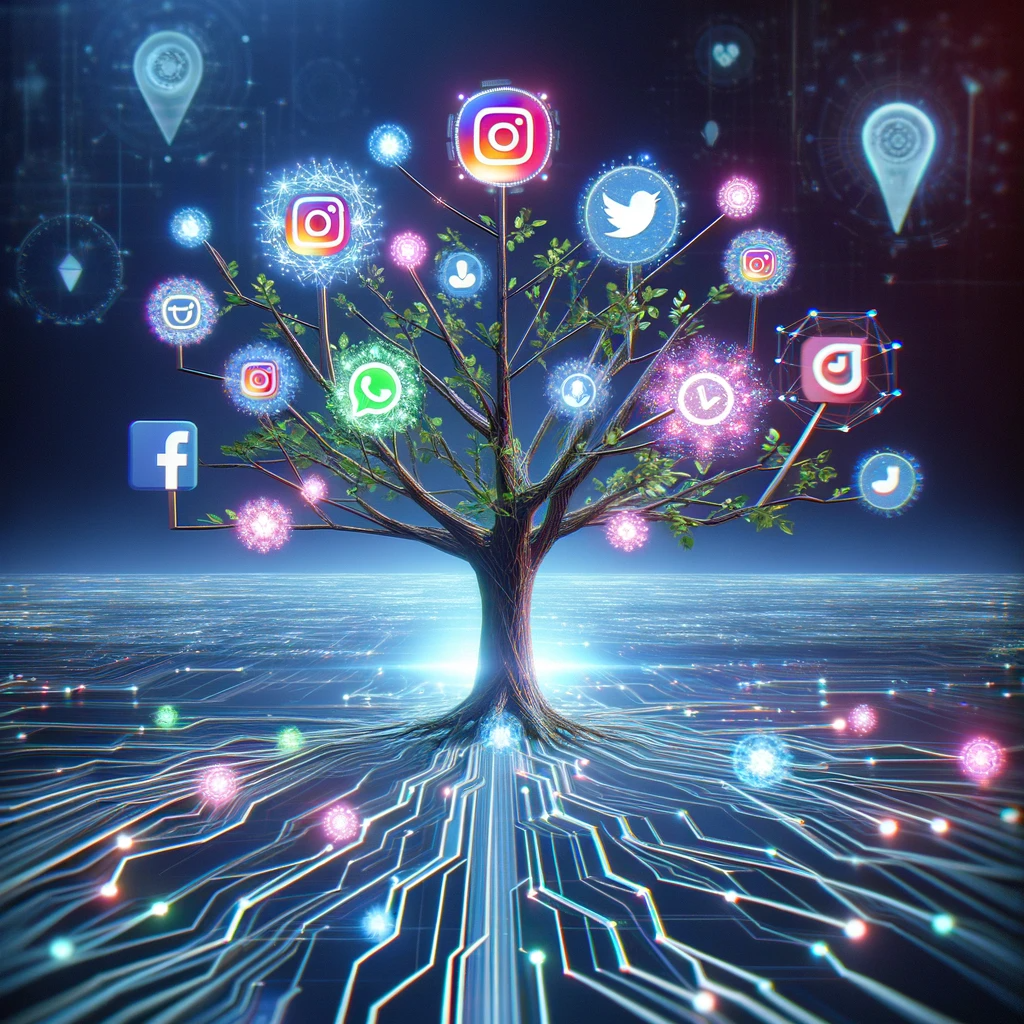 A digital tree with branches extending outwards, each adorned with glowing, holographic social media icons, set against a digital landscape.