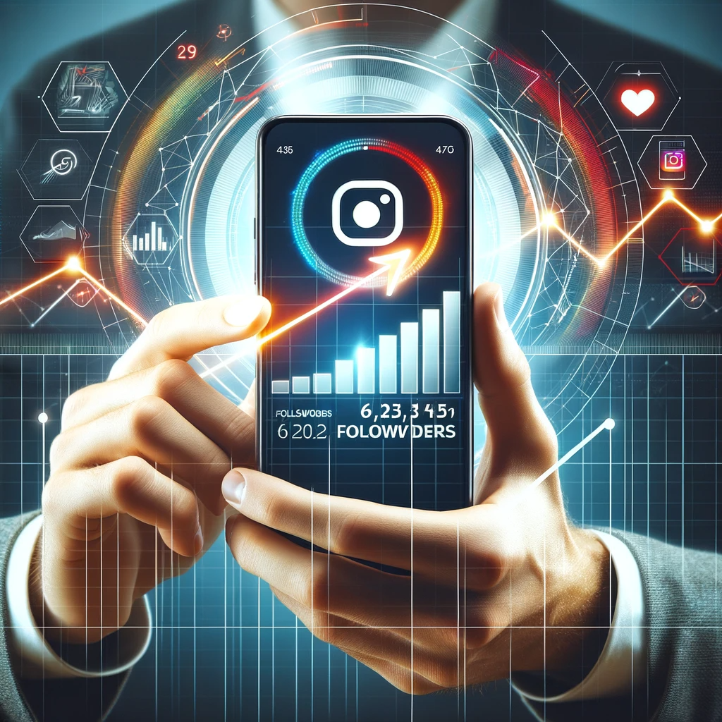 Engaging photo of a person holding a smartphone with Instagram app displaying a rapidly increasing follower count, against a digital growth graph background.