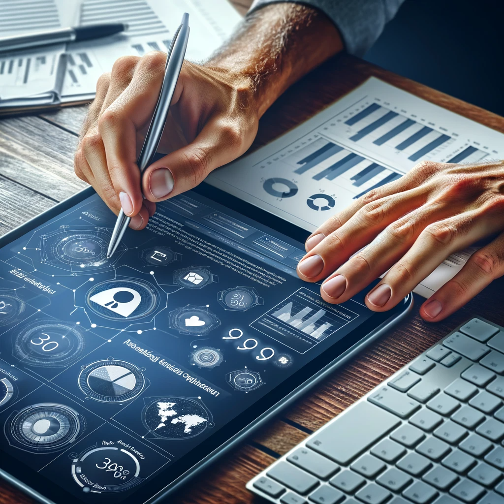 Close-up of hands analyzing Facebook ad performance on a tablet, displaying detailed metrics and charts. He is optimizing the social media ad.