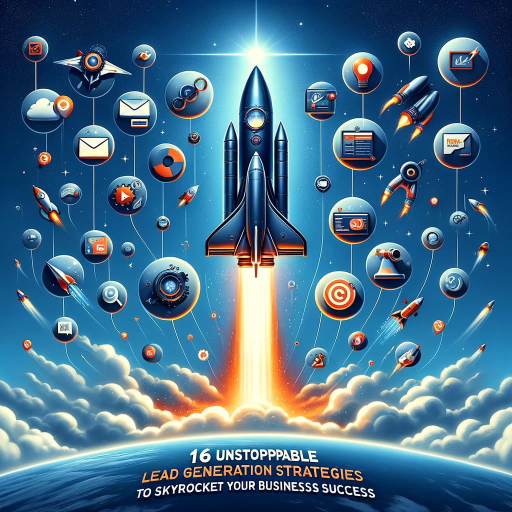 Rocket launching into a blue sky with icons representing SEO, email marketing, social media, content marketing, and webinars floating around, symbolizing 16 unstoppable lead generation strategies for business growth and success.