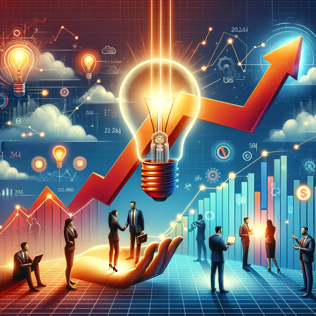 Modern business growth concept with upward trending graphs, light bulb idea symbol, and networking people, illustrating strategies for increasing leads and success in 2024.