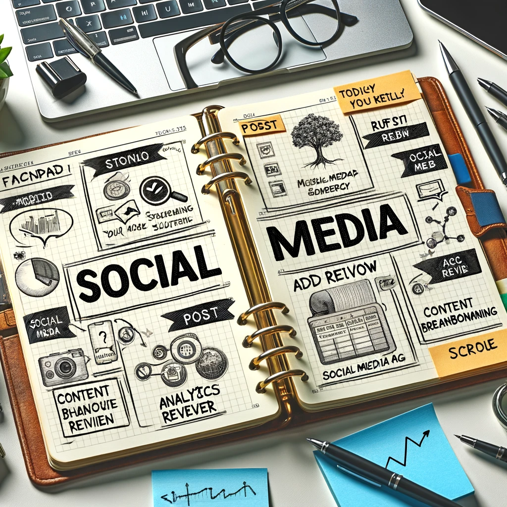 A well-organized desk featuring an open planner with tasks labeled for a 'Free Social Media Schedule', alongside office essentials like a laptop, glasses, and pens, highlighting a strategic approach to social media management.