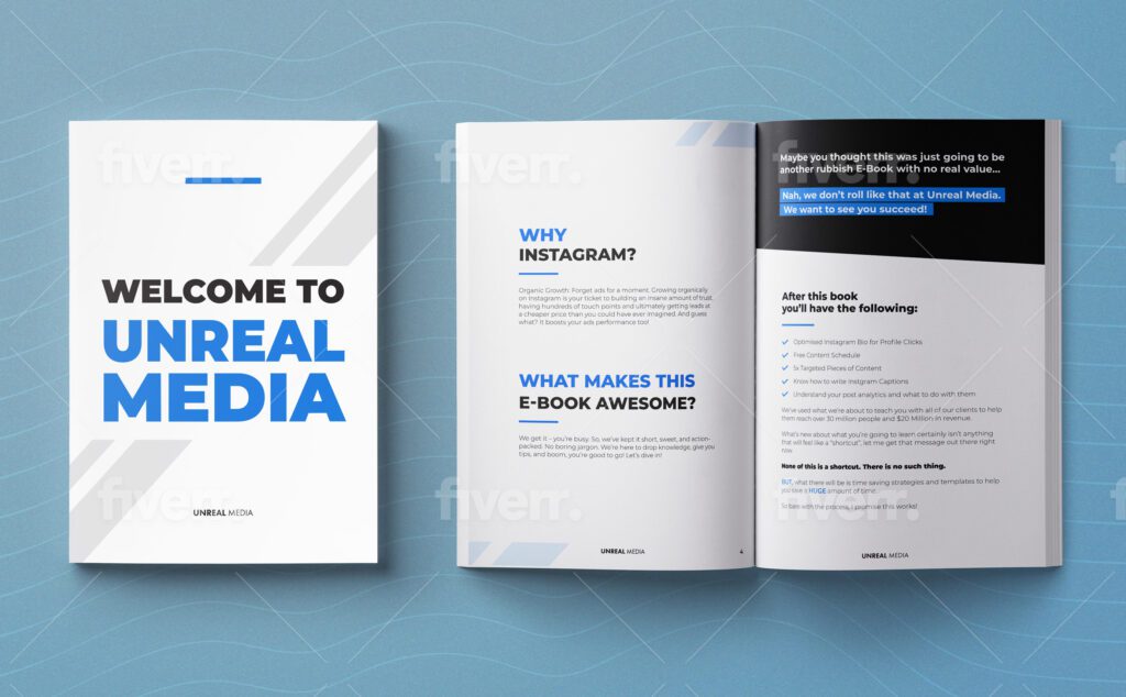 An open e-book layout featuring the welcome page and an introductory page from 'Unreal Media.' The left page displays the title 'WELCOME TO UNREAL MEDIA' in bold blue letters, and the right page begins with 'WHY INSTAGRAM?' and 'WHAT MAKES THIS E-BOOK AWESOME?' followed by a list of what the reader will gain, including an optimized Instagram bio, a content schedule, and strategies for writing captions and understanding analytics. The design is clean, with blue and black text on a white background.