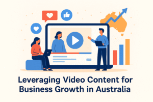 Leveraging video content for business growth in Australia, business professionals planning video marketing with charts, play icons, and engagement symbols.
