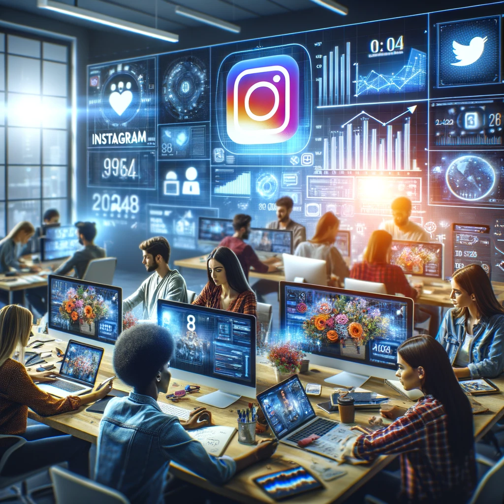 Master Instagram growth in 2024 with this photo-realistic depiction of a diverse digital marketing team strategizing in a modern workspace, focusing on Instagram analytics and content creation to enhance social media presence.