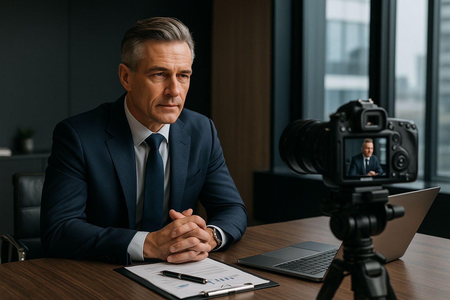 A business owner reviewing video marketing tips in a modern office setting, representing strategic content planning for established brands.