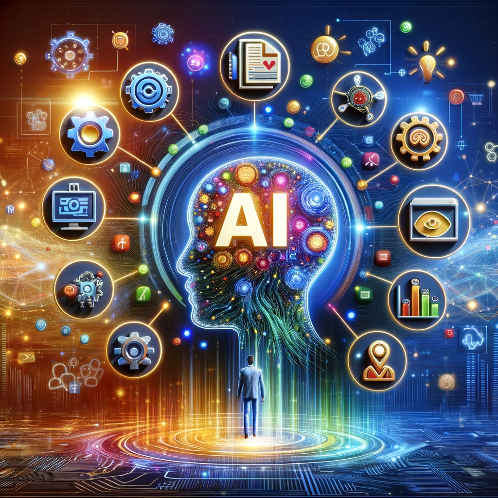 An illustration showcasing the impact of AI on the advertising industry, featuring AI symbols, digital marketing icons, and data analysis graphics on a vibrant, tech-inspired background.