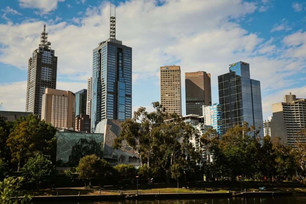 Melbourne's skyline featuring modern architecture and lush greenery, highlighting the city's dynamic and vibrant market for innovative marketing campaigns.