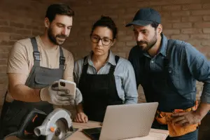 Top Types of Social Media Ads for Tradies – three Australian tradesmen filming a video ad on a building site for social media marketing.