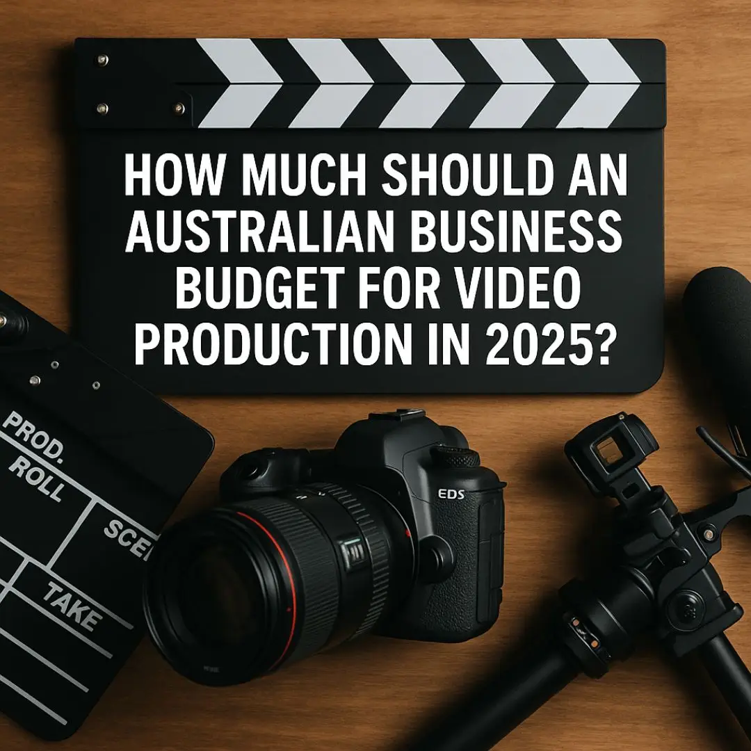 Flat lay of professional video production gear and clapperboard with text overlay reading "How Much Should a Business Budget for Video Production in 2025?", ideal visual for businesses planning video marketing budgets.
