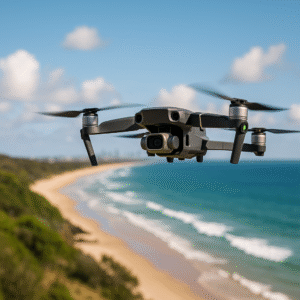 A professional drone flying over the Queensland coastline, capturing aerial videography of golden beaches, blue ocean, and greenery, perfect example of drone videography in Queensland.