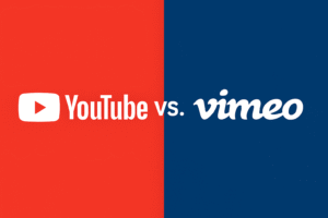 YouTube vs Vimeo - Which Video Hosting Platform Is Best? A clean side-by-side comparison showing YouTube in red and Vimeo in blue, highlighting their differences for video hosting.