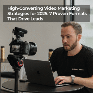 A man wearing an Unreal Media shirt works on a laptop next to a DSLR camera on a tripod, illustrating a professional video marketing setup in a modern office.