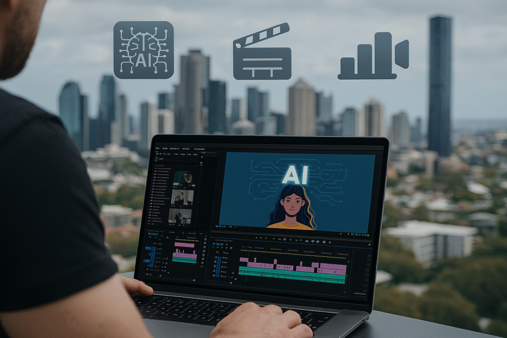 A videographer in a modern studio surrounded by digital holograms and editing interfaces, representing the impact of AI in video production.