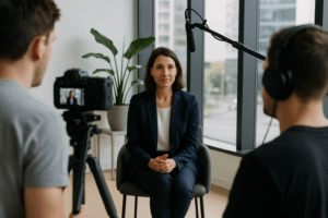 A behind-the-scenes video interview setup in a modern Brisbane office, showing a professional being filmed with high-quality lighting and audio, illustrating the hidden costs of poor video production when these elements are missing.