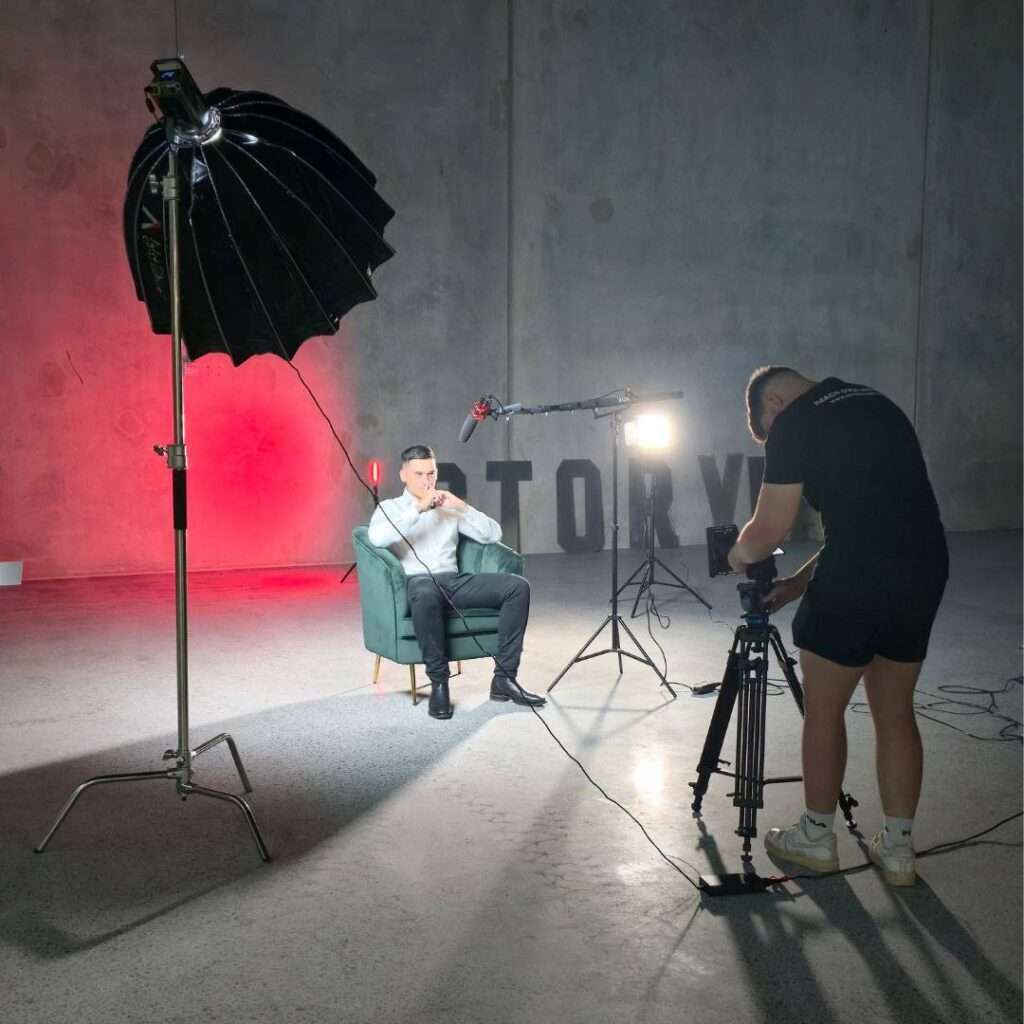 Corporate video interview setup showing lighting and camera rig